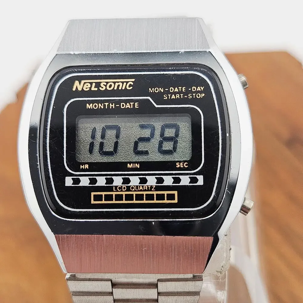 Nel Sonic Digital Watch Silver Tone Sporty Timer Running Workout Date Calendar